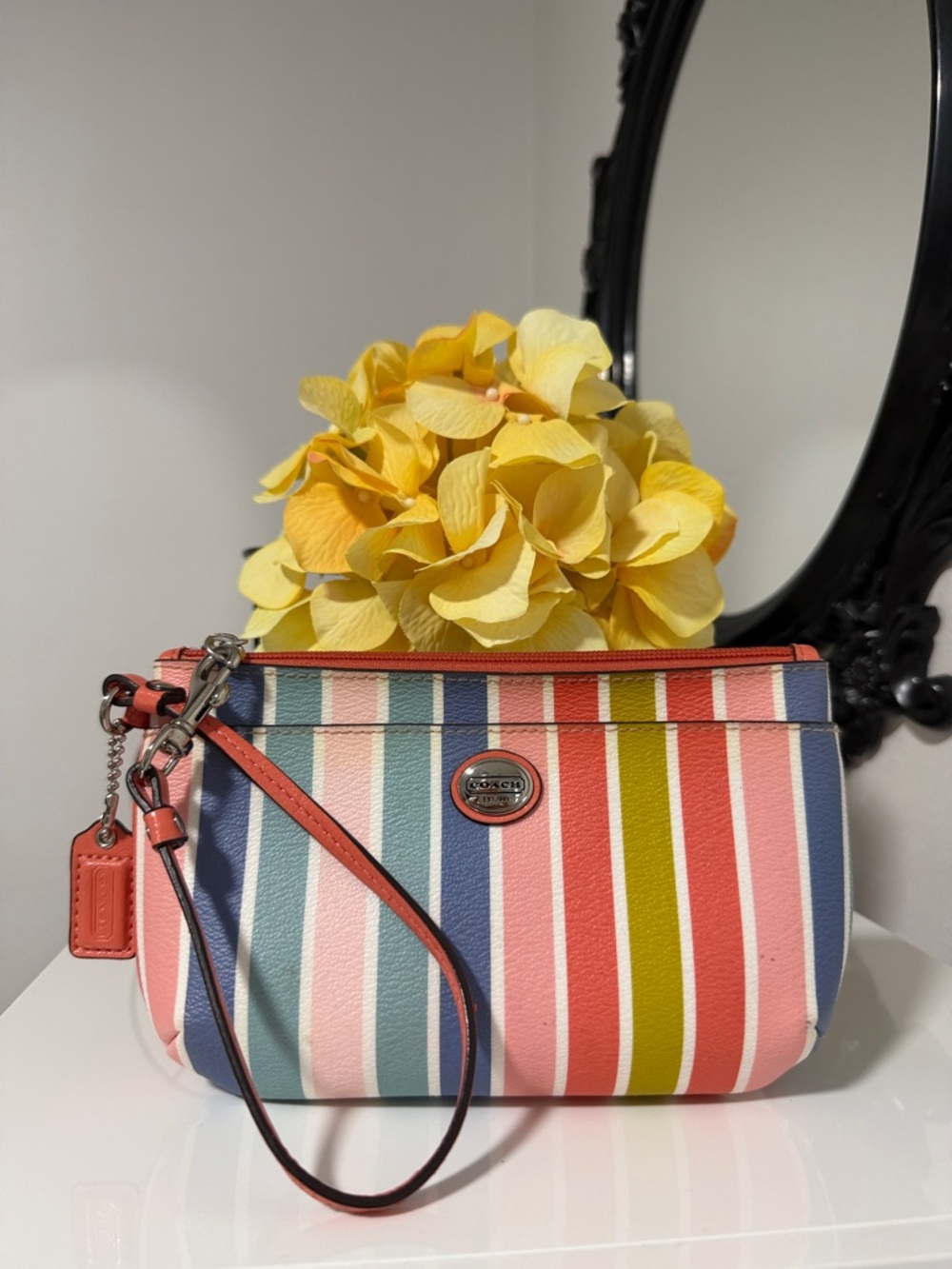 Coach Multicolor Striped Wristlet with Coral Trim 🎀🎀🎀